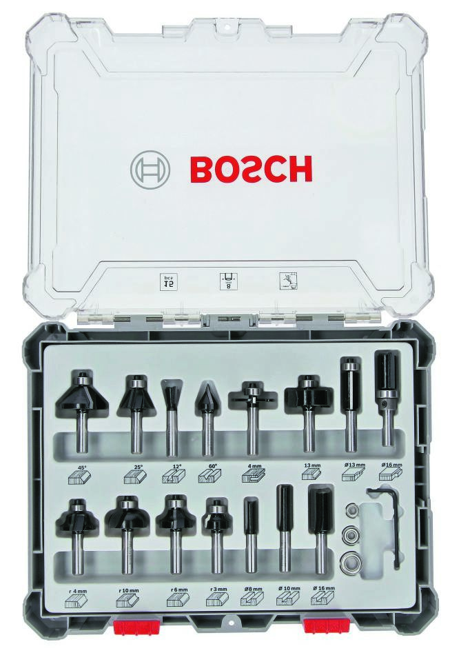 Set de 15 freze mixte Bosch Blue Accessories 2607017472 cu tijă de 8 mm