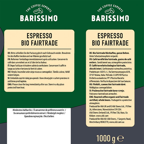 Bio Espresso Fairtrade, 8 x 1 kg, ganze Bohne