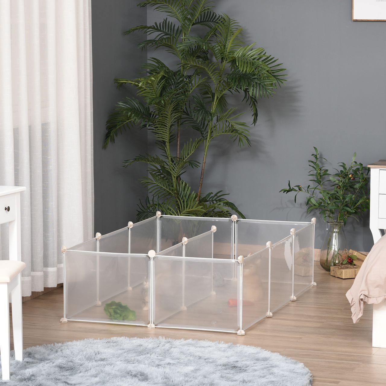 PawHut Freilaufgehege Laufgitter DIY Freigehege Gittergehege Absperrgitter Kleine Haustiere Laufstall für Innen 12 Platten Weiß Metall PP-Harz 105 x 105 x 45 cm