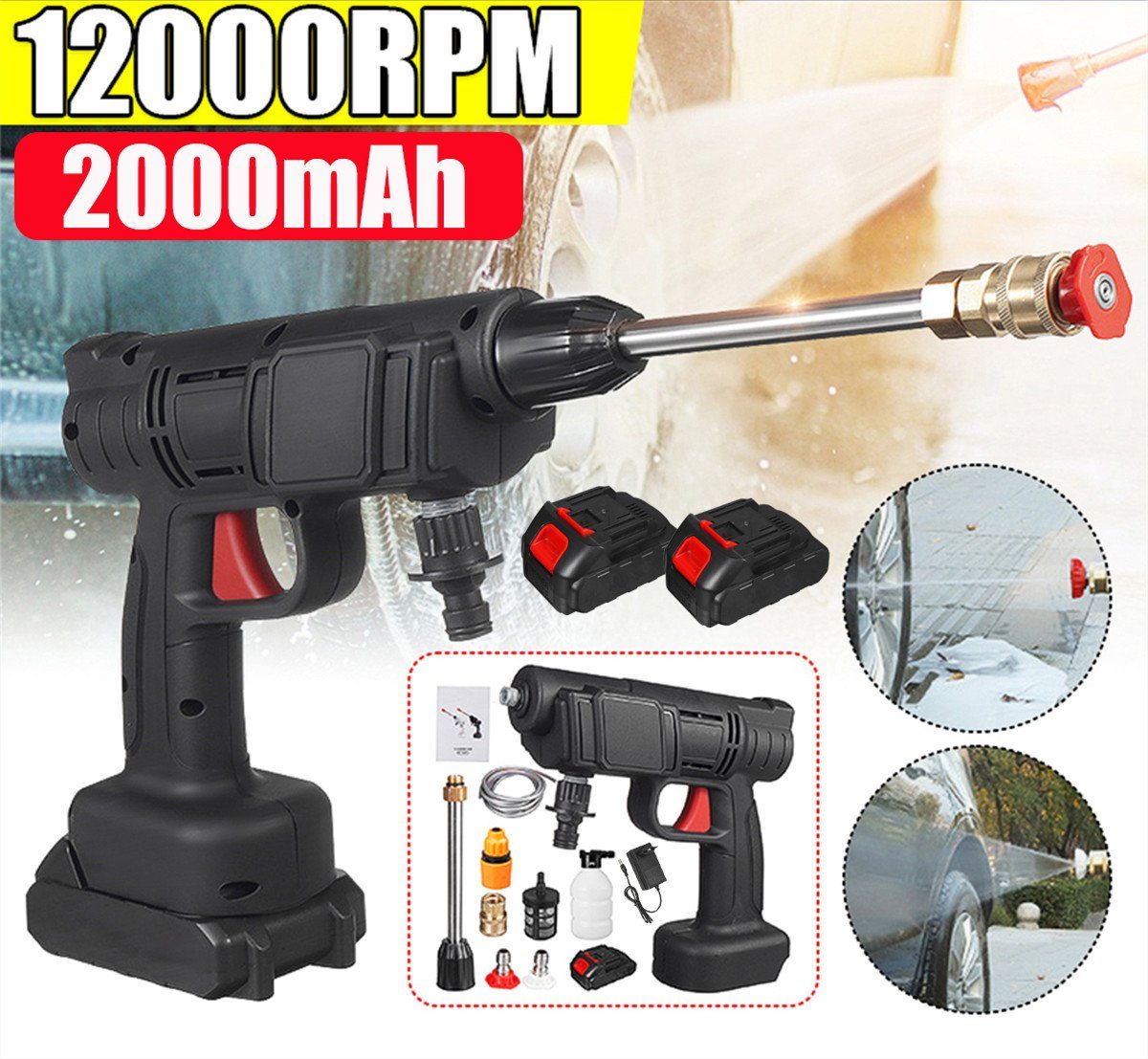 MECO Hochdruckreiniger, (mit Akku und Ladegerät), Wirless Wasserpistole 30bar 24V 12000U/min mit 2 Akku