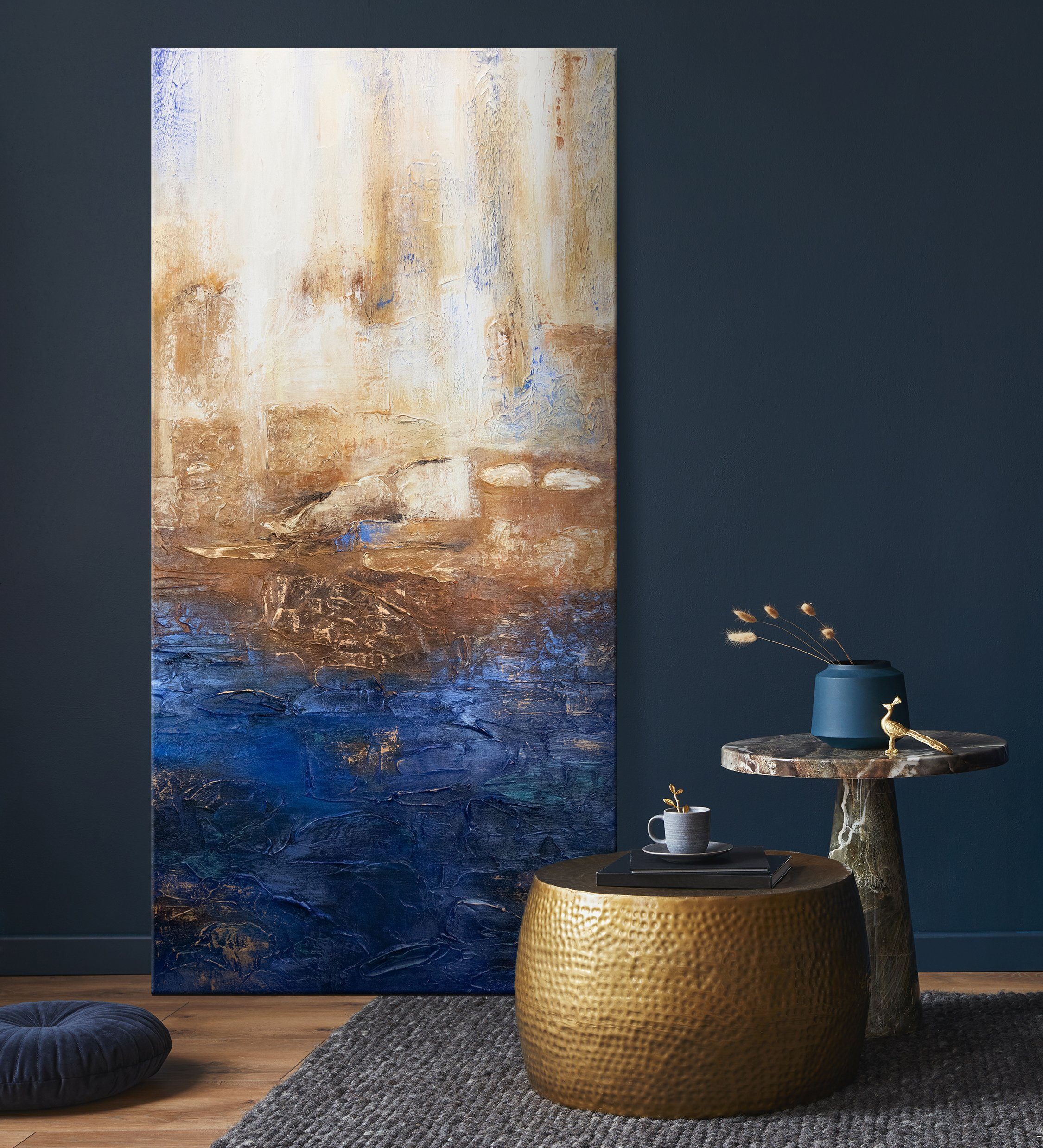 YS-Art Gemälde Marine II, Abstrakte Bilder, Vertikales Leinwand Bild Handgemalt Blau Gold Abstrakt