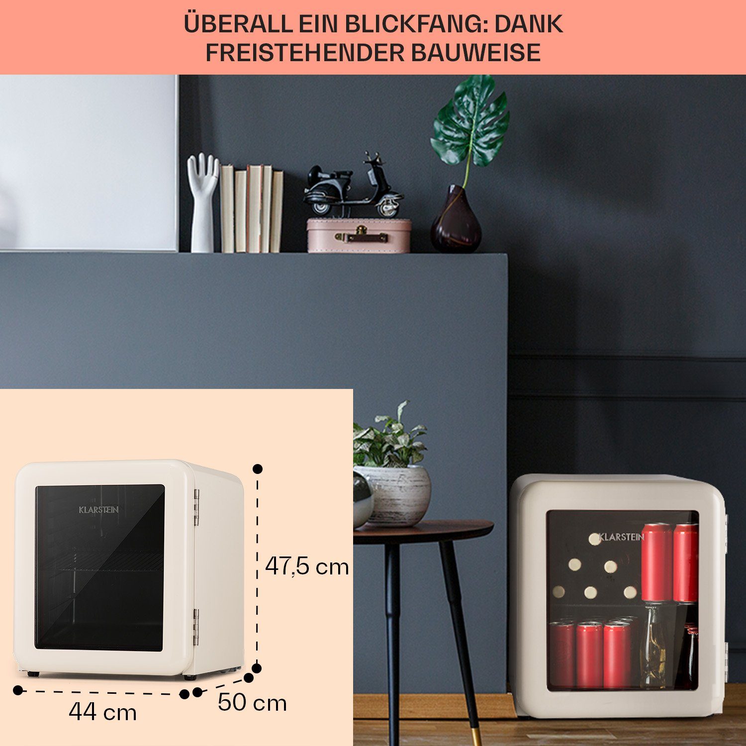 Klarstein Getränkekühlschrank HEA13-PopLife-48L 10040737, 47.5 cm hoch, 44 cm breit, Bierkühlschrank Getränkekühlschrank Flaschenkühlschrank mit Glastür