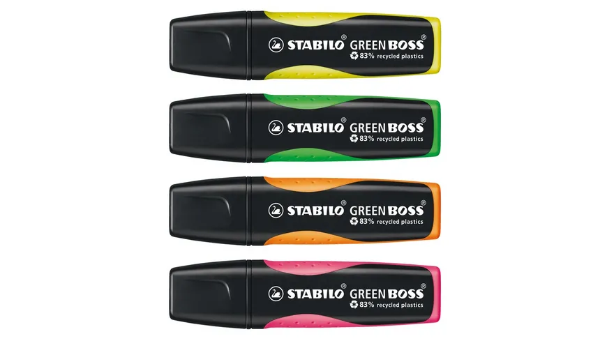 STABILO® Umweltfreundlicher Textmarker - STABILO GREEN BOSS - 4er Pack - grün, rosa, orange, gelb sortiert