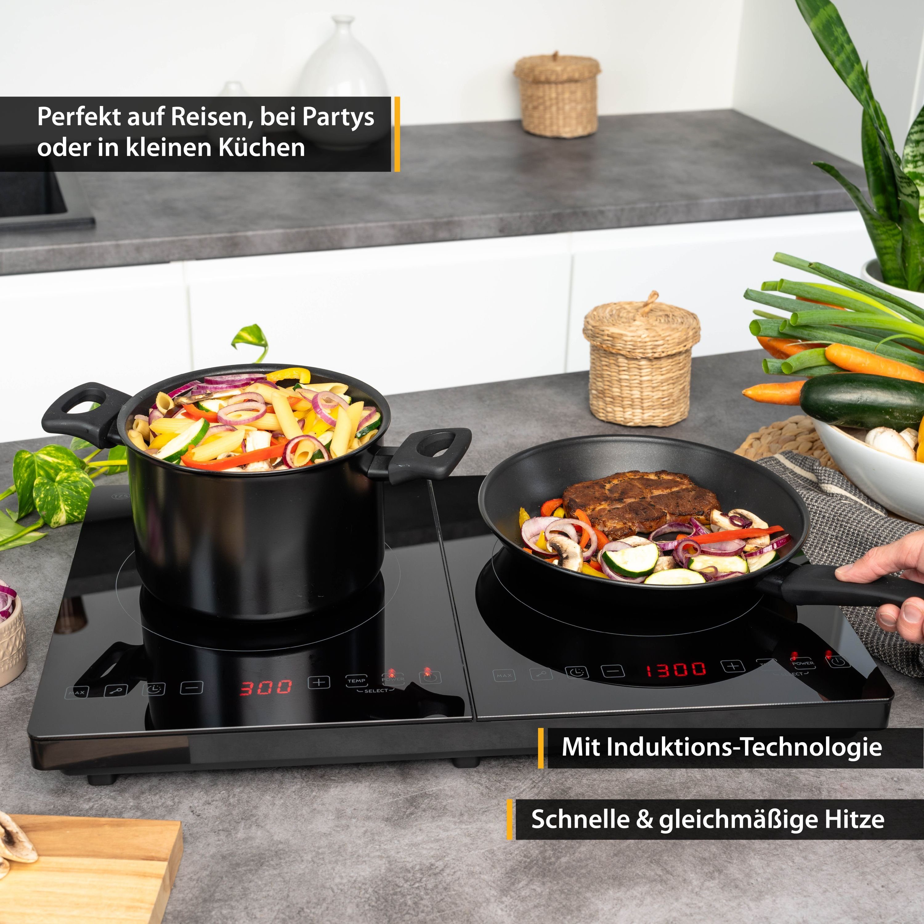 TZS FIRST AUSTRIA Doppelkochplatte Induktion Kochplatte, 3500W, Keramik, Temperaturregelung, Temperaturregelung, Glaskeramik, Doppelkochplatte