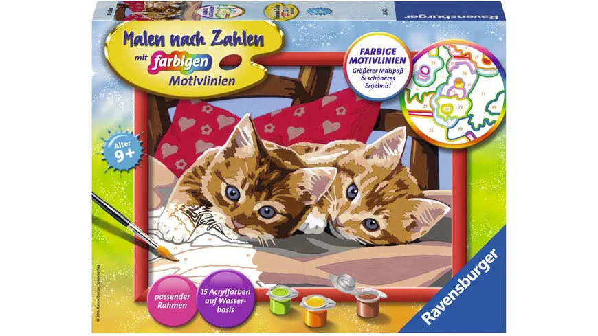 Ravensburger Beschäftigung - Malen nach Zahlen mit farbigen Motivlinien - Zwei Schmusekätzchen