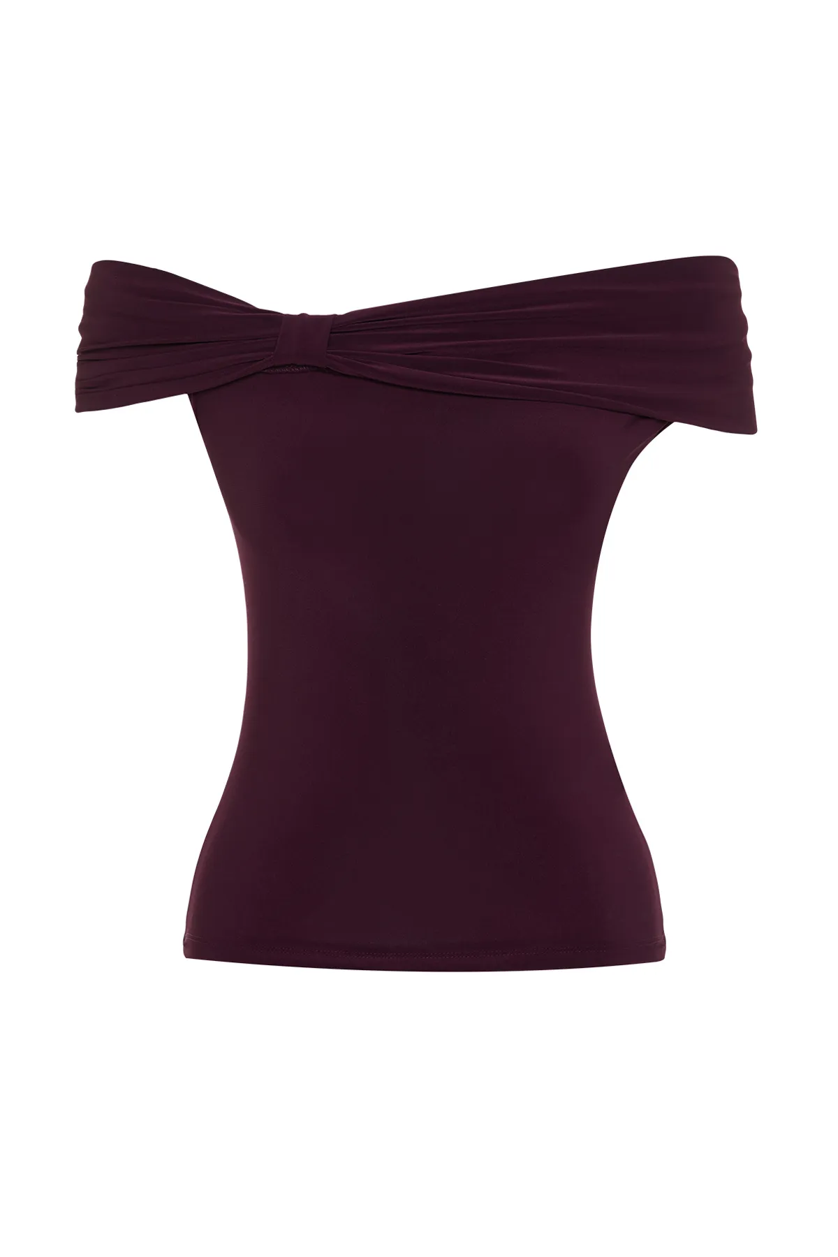 Trendyol Collection  Pflaumefarbene, taillierte, dehnbare, bauchfreie Strickbluse mit Carmen-Ausschnitt TWOSS24BZ00368