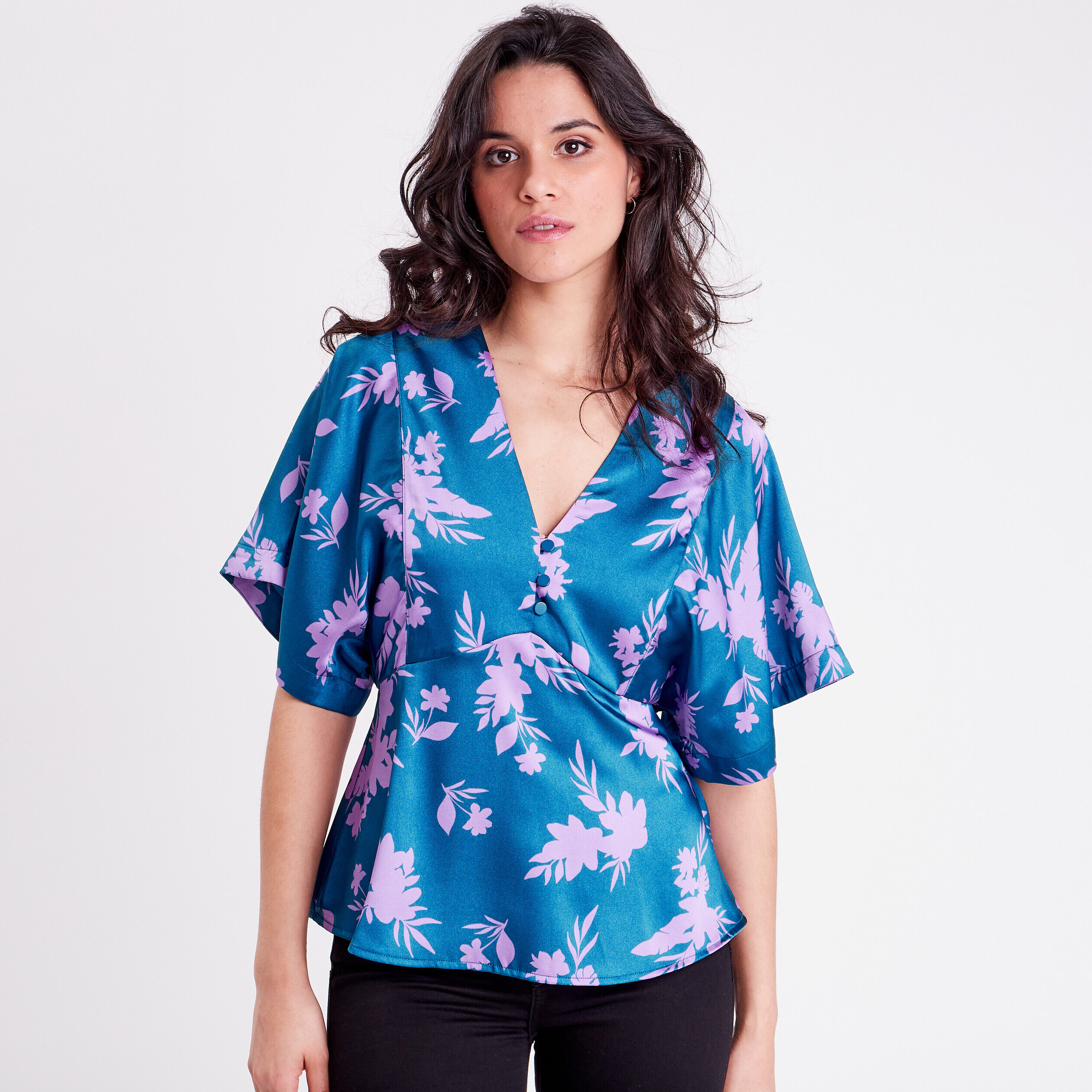 Blouse évasée manches 3/4 bleu femme | Cache Cache