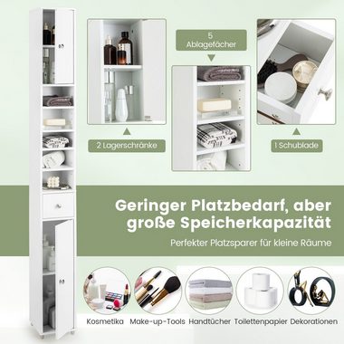 COSTWAY Hochschrank Bad, Schmal, mit Schublade, 2 Türen & Fächern, 180cm weiß