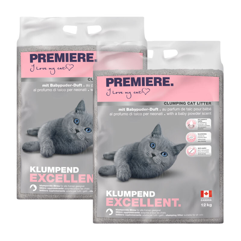 PREMIERE Katzenstreu PREMIERE Excellent Klumpstreu, Babypuder-Duft 2x12 kg
