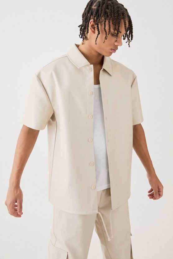Short Sleeve Drop Shoulder Pu Overshirt & Cargo Trouser Set