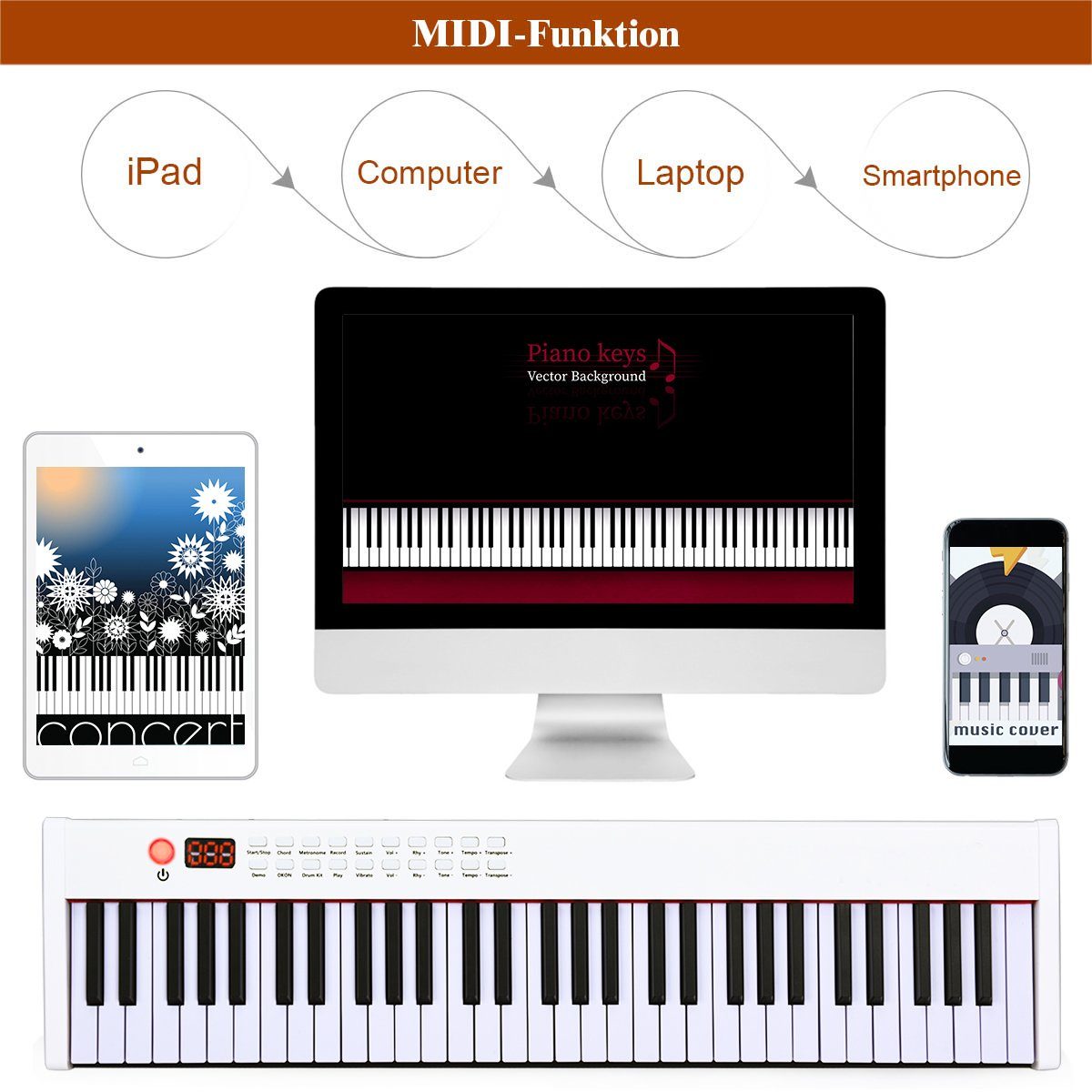 COSTWAY Home Keyboard 61 Tastatur, mit 128 Rhythmen / 128 Töne/ Bluetooth