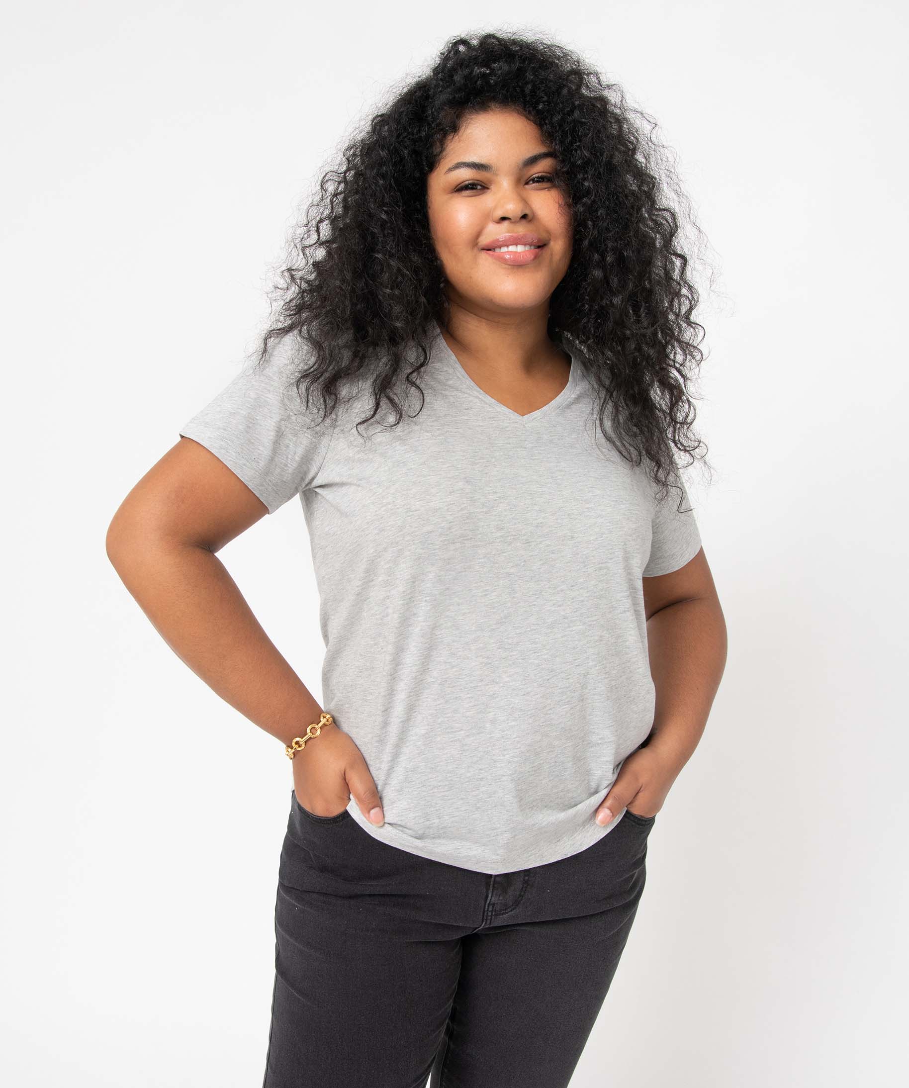 Tee-shirt femme grande taille avec col V gris | GEMO