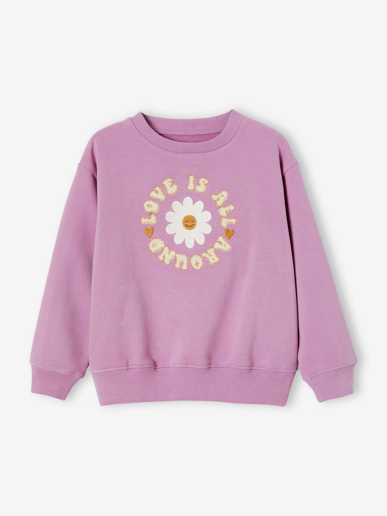 Sweat motif fleur fille animation en bouclettes mauve
