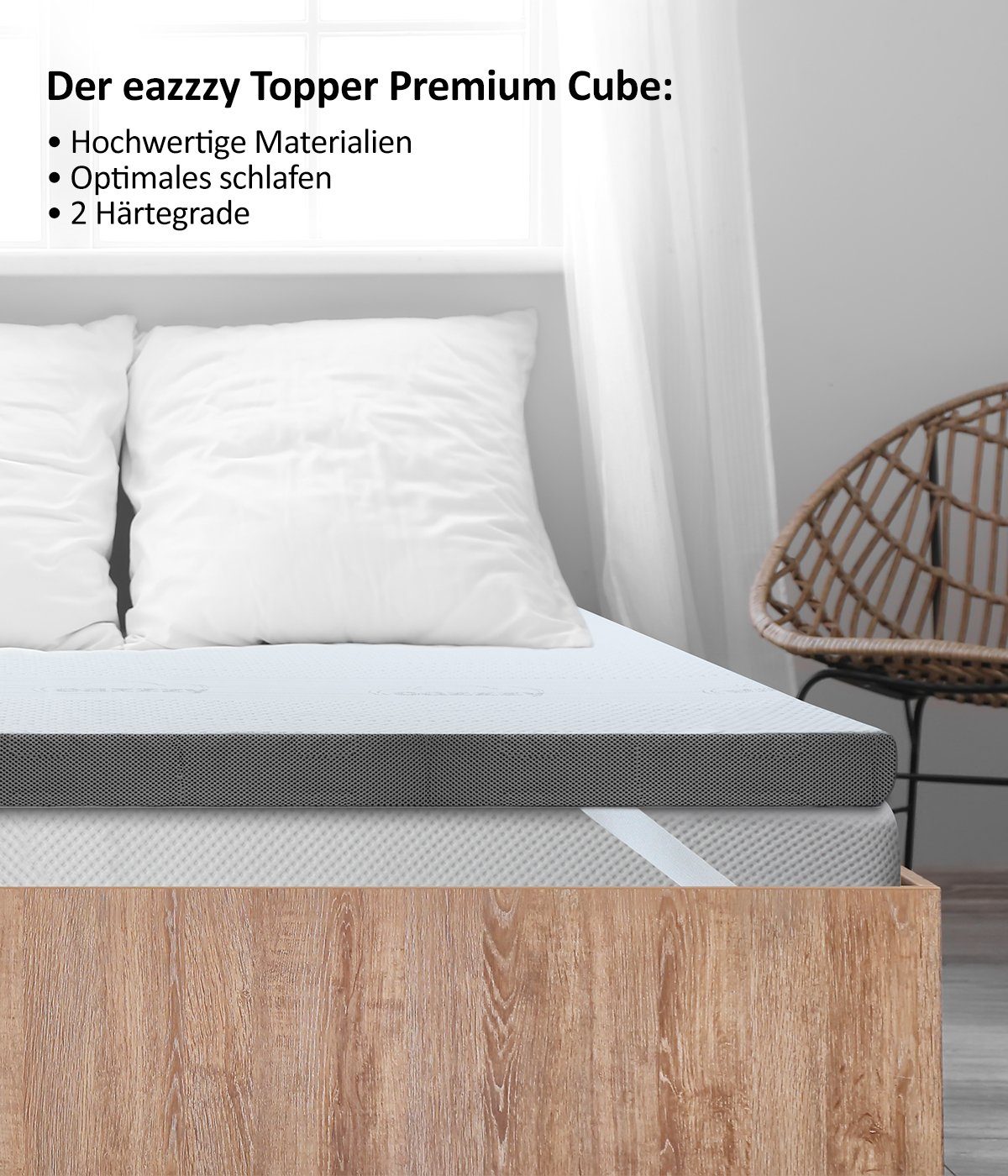 Matratzenauflage eazzzy Premium Cube Topper, 80 x 200 x 9 cm Genius, 2-Seiten-Wendetopper (weiche & feste Seite) für Matratze