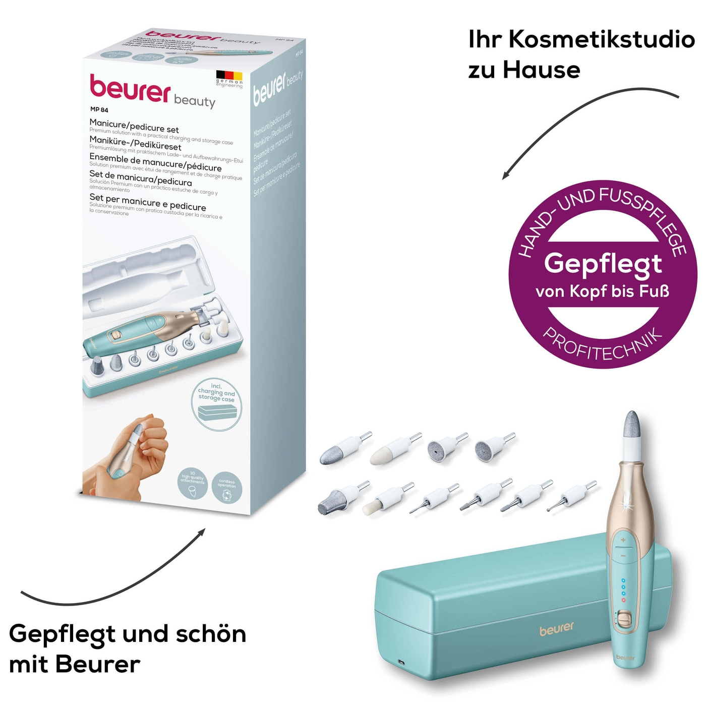 Beurer Wiederaufladbares Maniküre- & Pediküreset MP 84-Kabelloser Nagelfräser für Maniküre & Pediküre mit 10 Saphir- & Filzaufsätzen