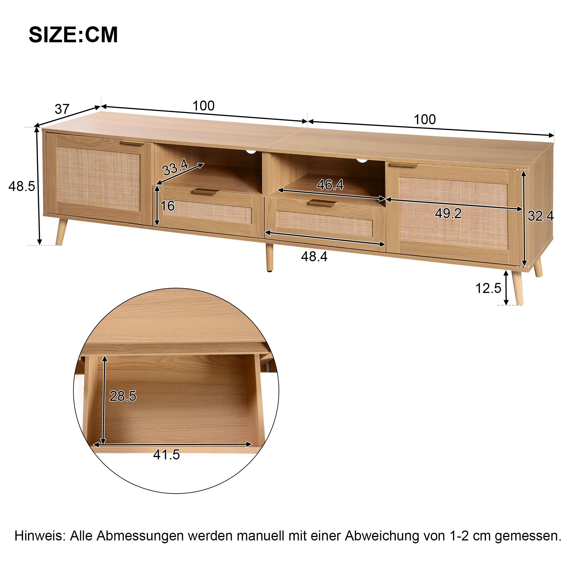 HAUSS SPLOE TV-Schrank TV-Tisch Beistellschrank Sideboard (TV-Konsolentisch,200*37*49cm) mit massiven Holzfüßen, Geflochtener Rattan-TV-Boards