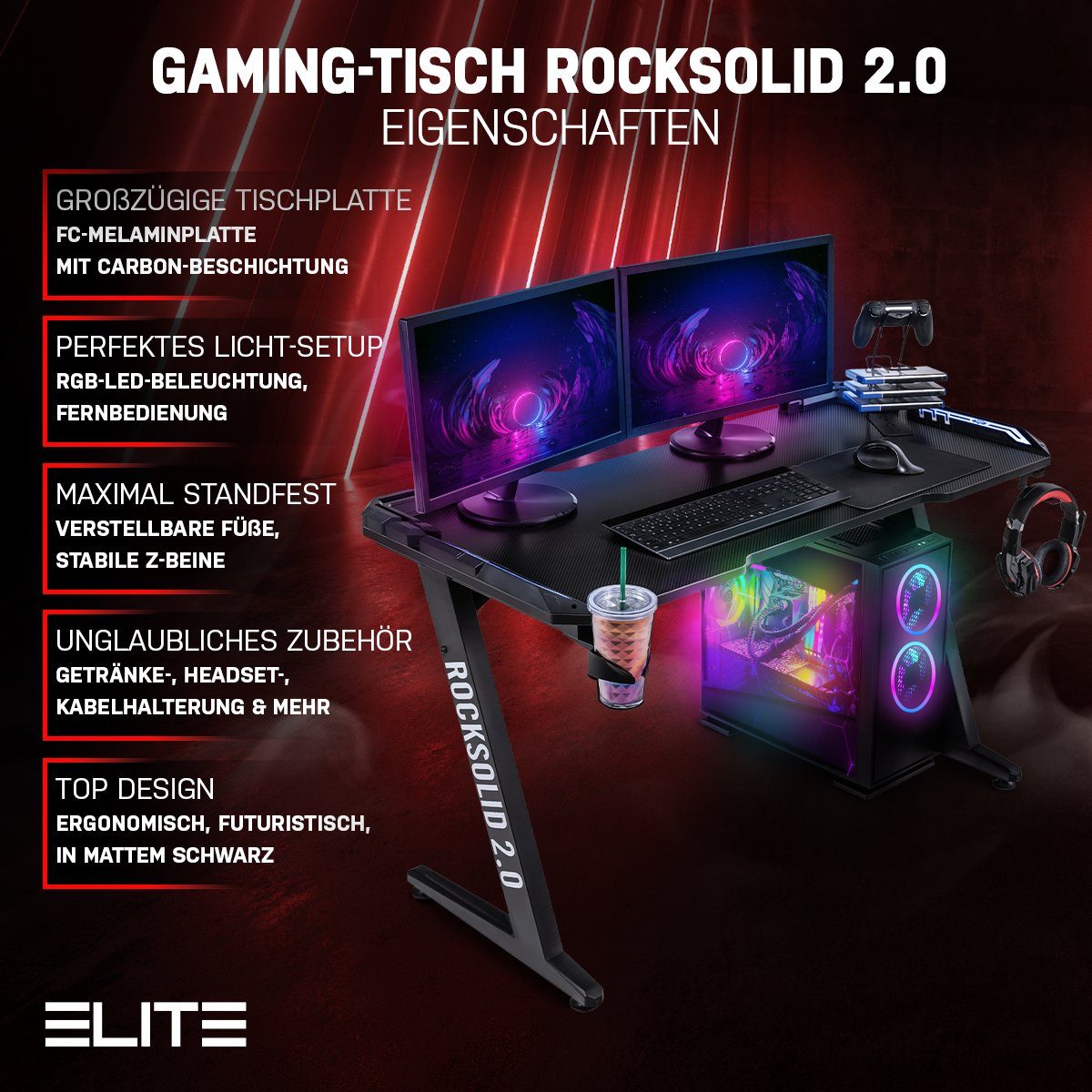 ELITE Gaming Gamingtisch Elite Gamer-Schreibtisch Rocksolid, RGB-LED (Jugendschreibtisch inkl. Getränke-, Headset- und Controller-Spiele-Halterung, 2-St., Schreibtisch, verstellbare Standfüße, Kabelkanal, ergonomisches Design), Gamingtisch inkl. Fern