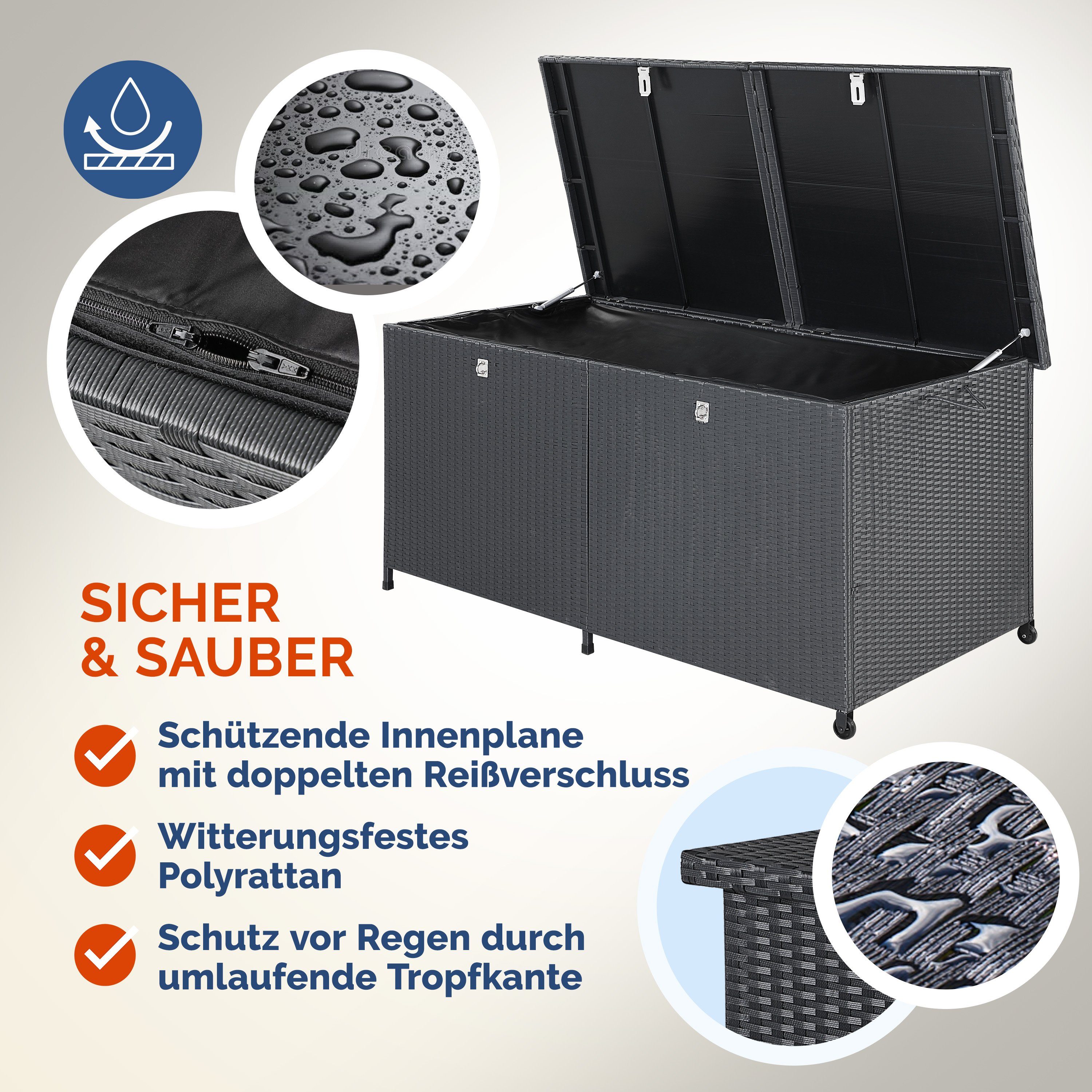 Casaria Auflagenbox (1 St), Poly Rattan XXL 150 x 77 x 73cm Rollbar Garten Gartenbox Kissenbox