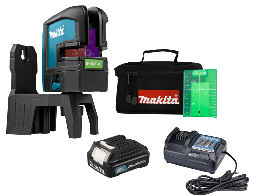 Makita SK106GDW CXT 12V Max Akku-Kreuzlinien-/Punktlaser, grün, 1x 2,0Ah Akku und Ladegerät mit Tasche im Karton