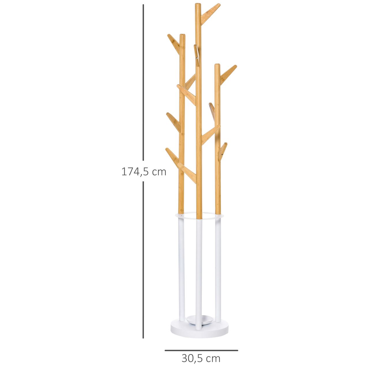 HOMCOM Garderobenständer Standgarderobe Kleiderständer mit 12 Haken moderner Schirmständer für den Flur Wohnzimmer Metall Bambus Natur Weiß 30,5 x 30,5 x 174,5 cm