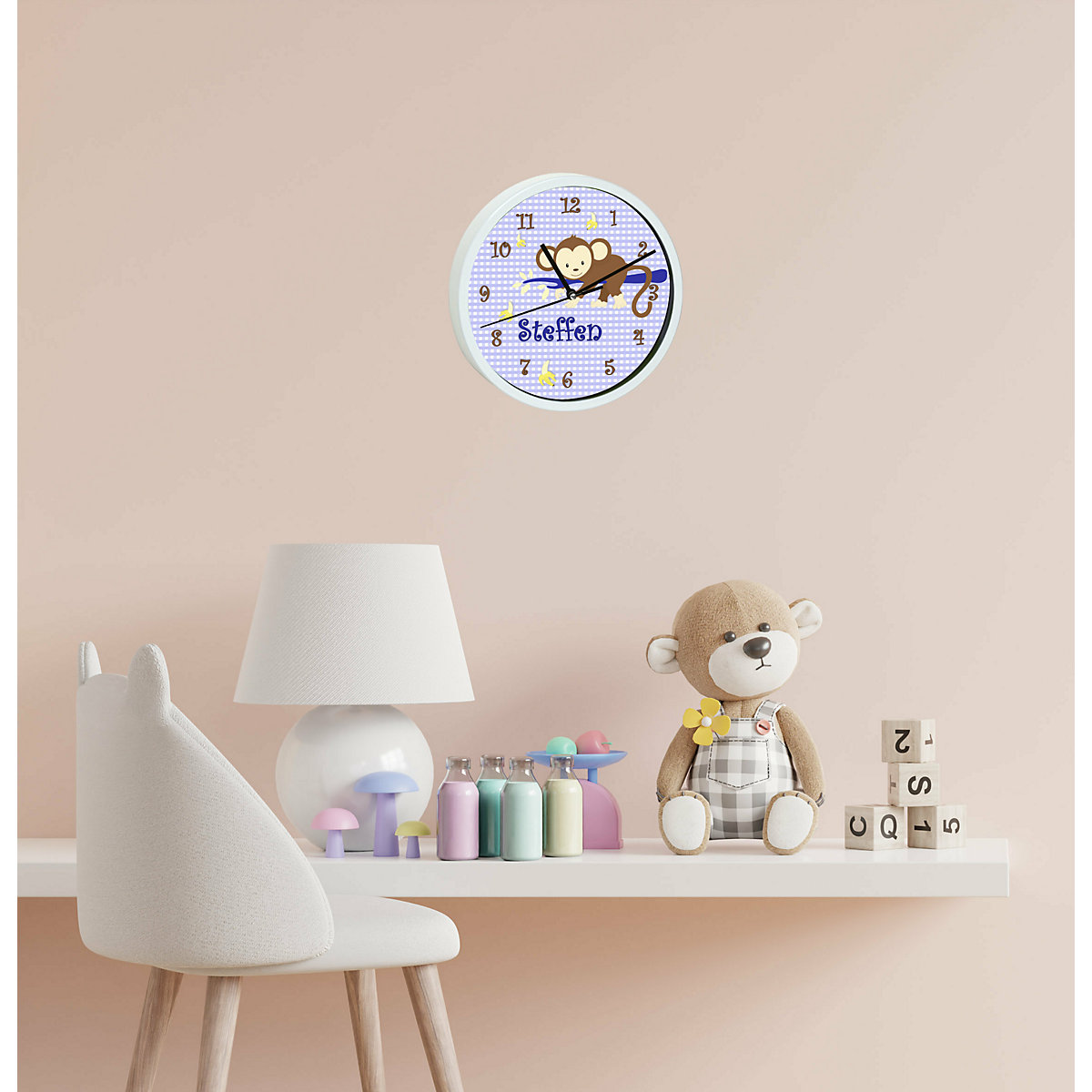 Kinder Wanduhr personalisiert mit Name Affe hängend Blau