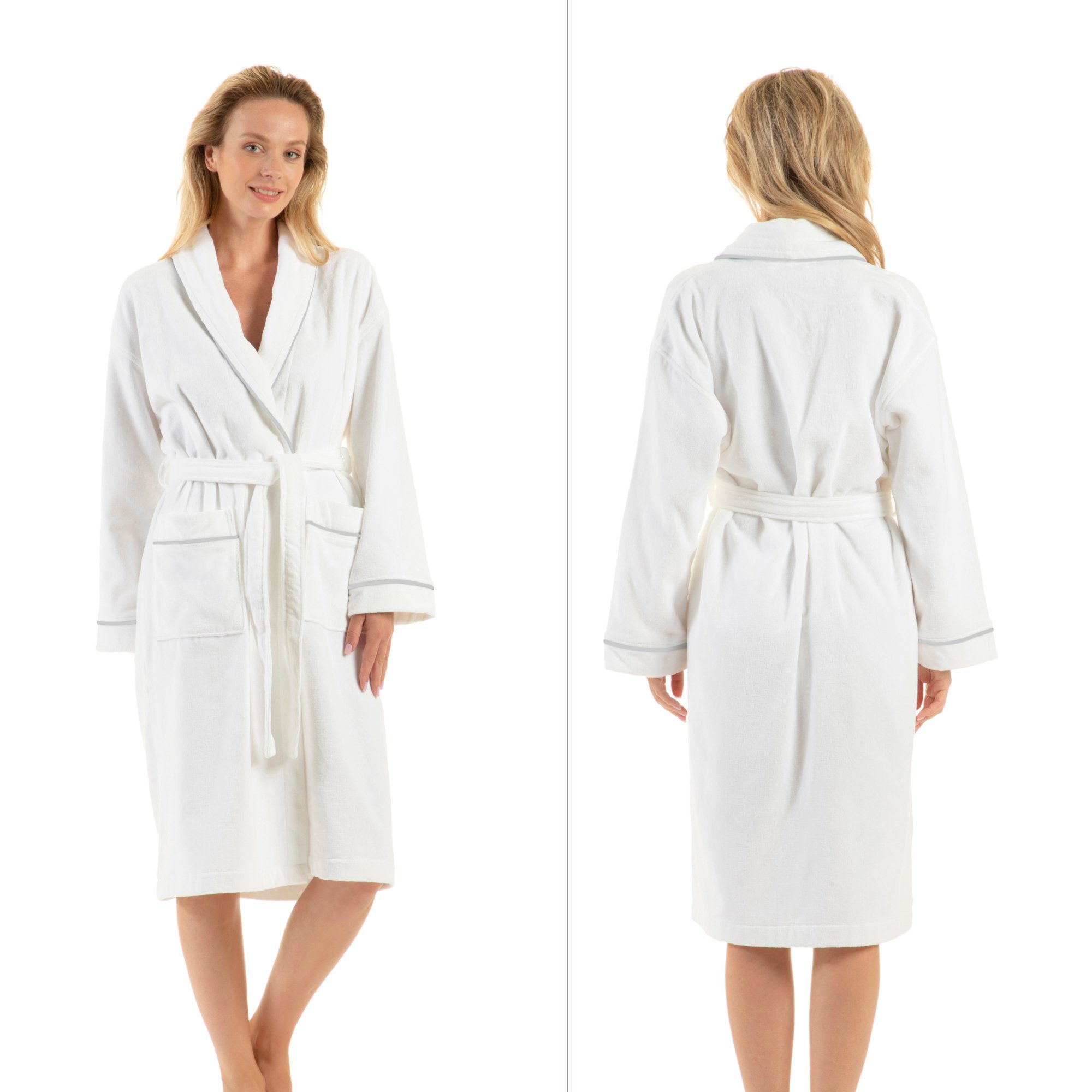 English Home Bademantel Premium Damen Bademantel, Herren Bademantel, Unisex, 100% Baumwolle, Kapuze, Bindegürtel, Schalkragen Weicher
