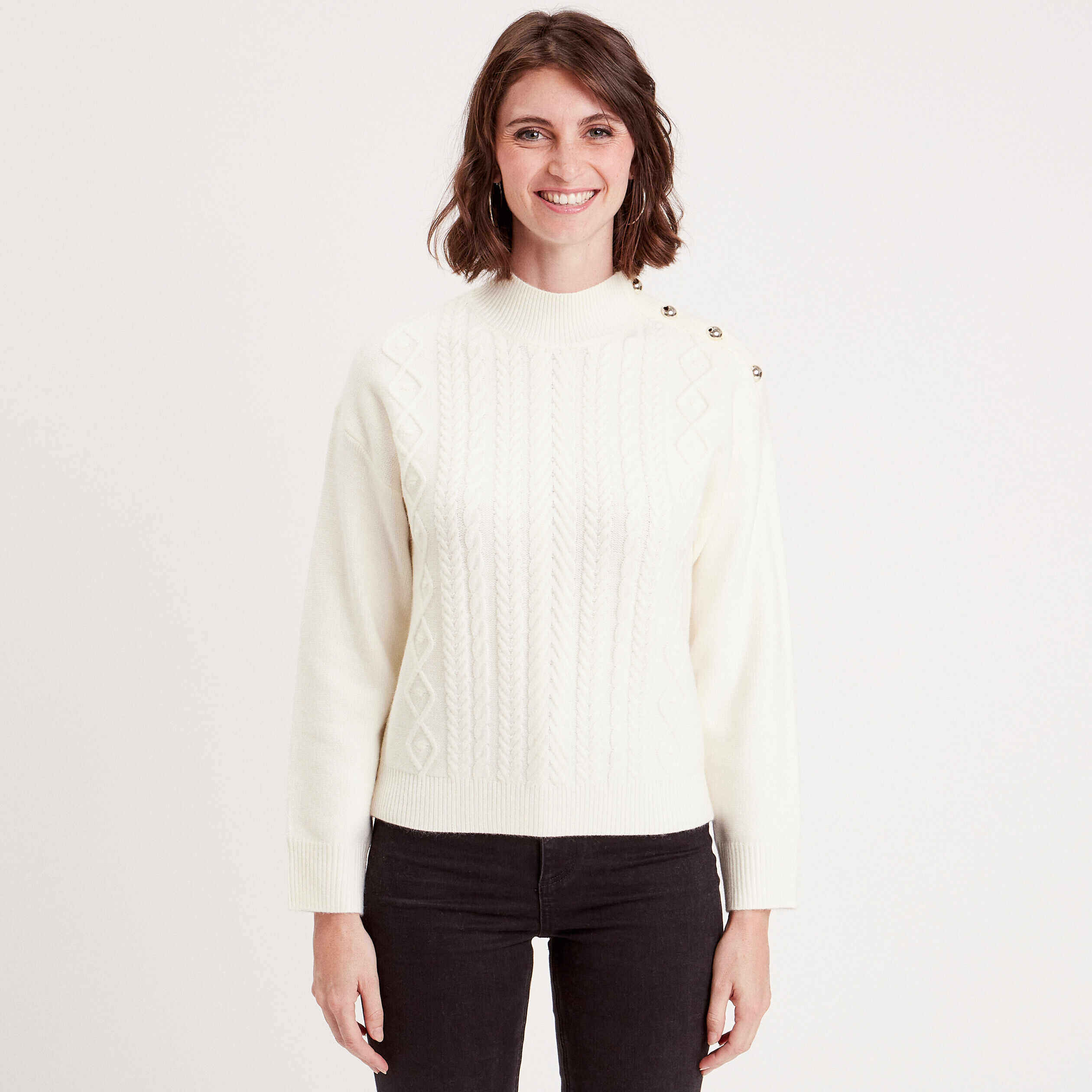 Pull col montant avec torsades ecru femme | Cache Cache