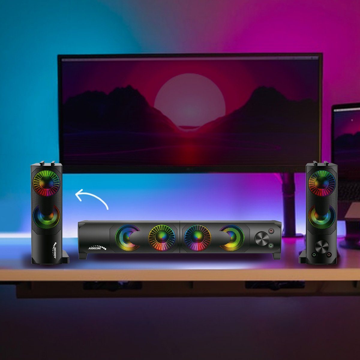 Audiocore AC955 2.0 PC-Lautsprecher (6 W, Soundbar-Funktion [Modulare Verbindung], Anschluss für AUX / Kopfhörer / Mikrofon, RGB-Bleuchtung, 6W)