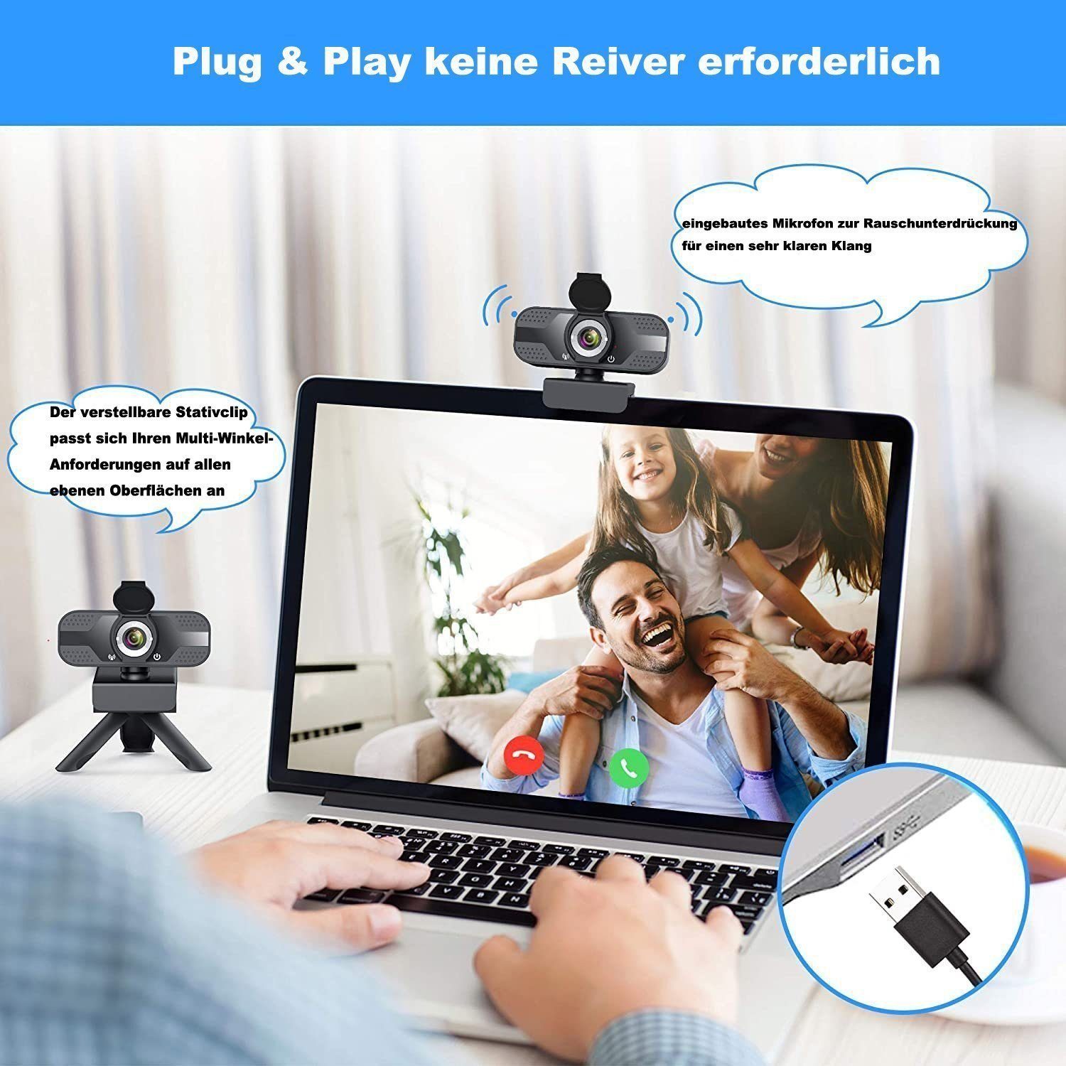 Mutoy 1080P Webcam mit Mikrofon und Ringlicht, Full HD Facecam Full HD-Webcam (HD, WLAN (Wi-Fi), Live-Streaming Webcam mit Stativ 360°für PC/MAC/Desktop, USB Kamera Web Cam für YouTube,Skype,Xbox(Weiß/Warmes Licht)-notfall)