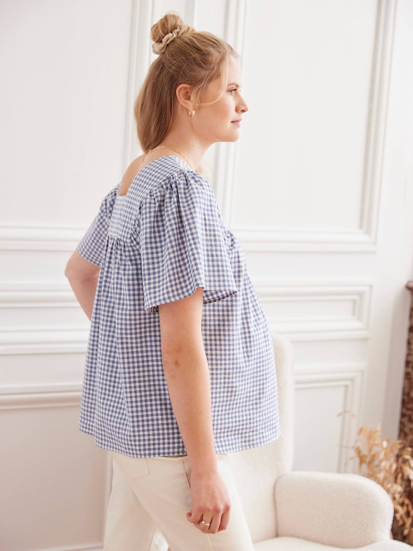 Blouse de grossesse carreaux vichy bleu grisé