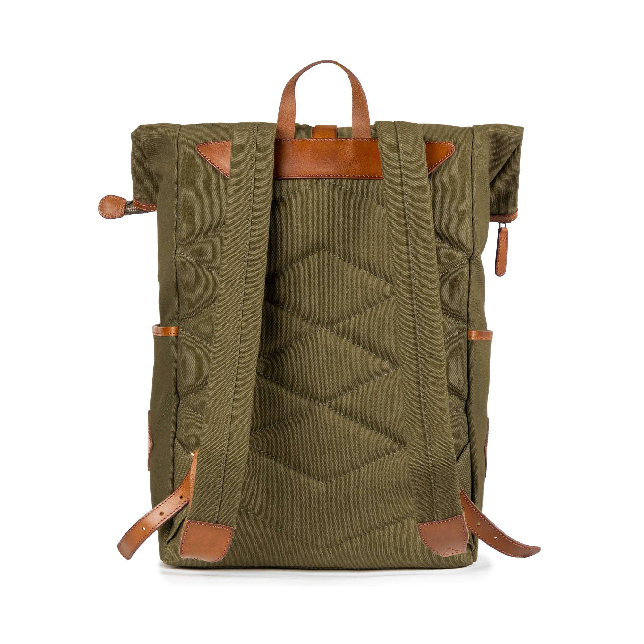 DRAKENSBERG Tagesrucksack Roll-Top Rucksack Archie Oliv-Grün, unisex Cityrucksack aus Canvas mit Lederdetails und 15
