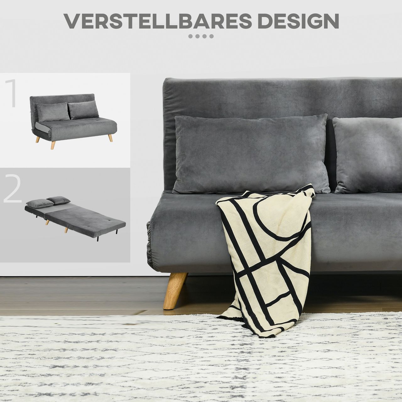 HOMCOM Schlafsofa 2-Sitzer Sofa mit Bettfunktion, Klappsofa mit Kissen, Grau