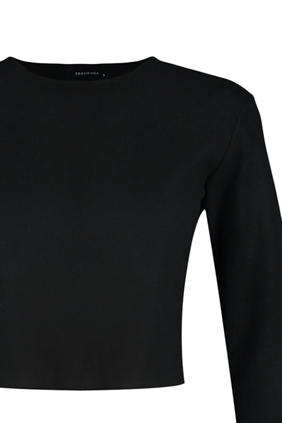 Trendyol Collection  Schwarze, schulterfreie, bauchfreie Strickbluse mit Rundhalsausschnitt und Selanik-/Strickwaren-Look TWOAW24BZ00168