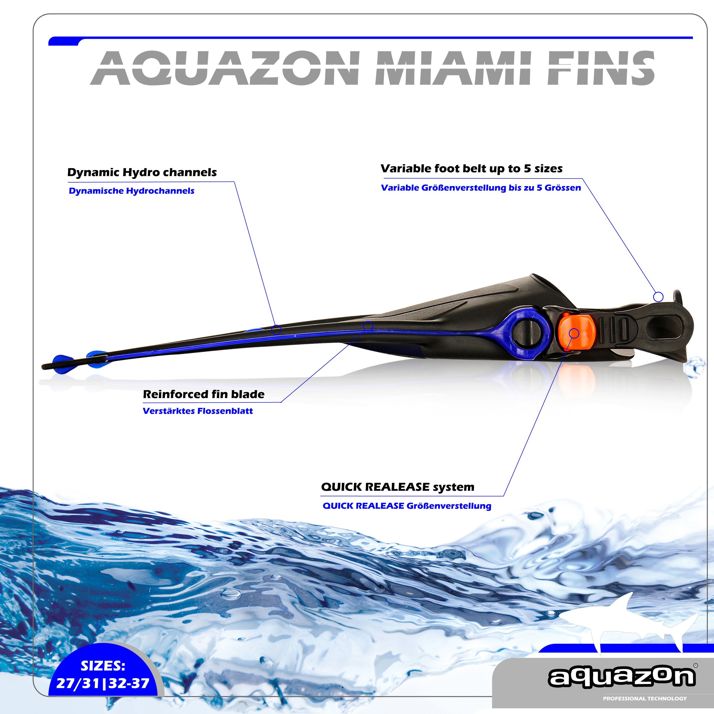 AQUAZON Taucherbrille MIAMI mit Schnorchel und Flossen, Schnorchelset, für Kinder
