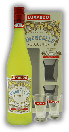 Luxardo Limoncello Liqueur mit zwei Gläsern Luxardo Limoncello Liqueur mit zwei Gläsern Ein authentischer italienischer Likör. 0,7	 Liter - Vol 27%