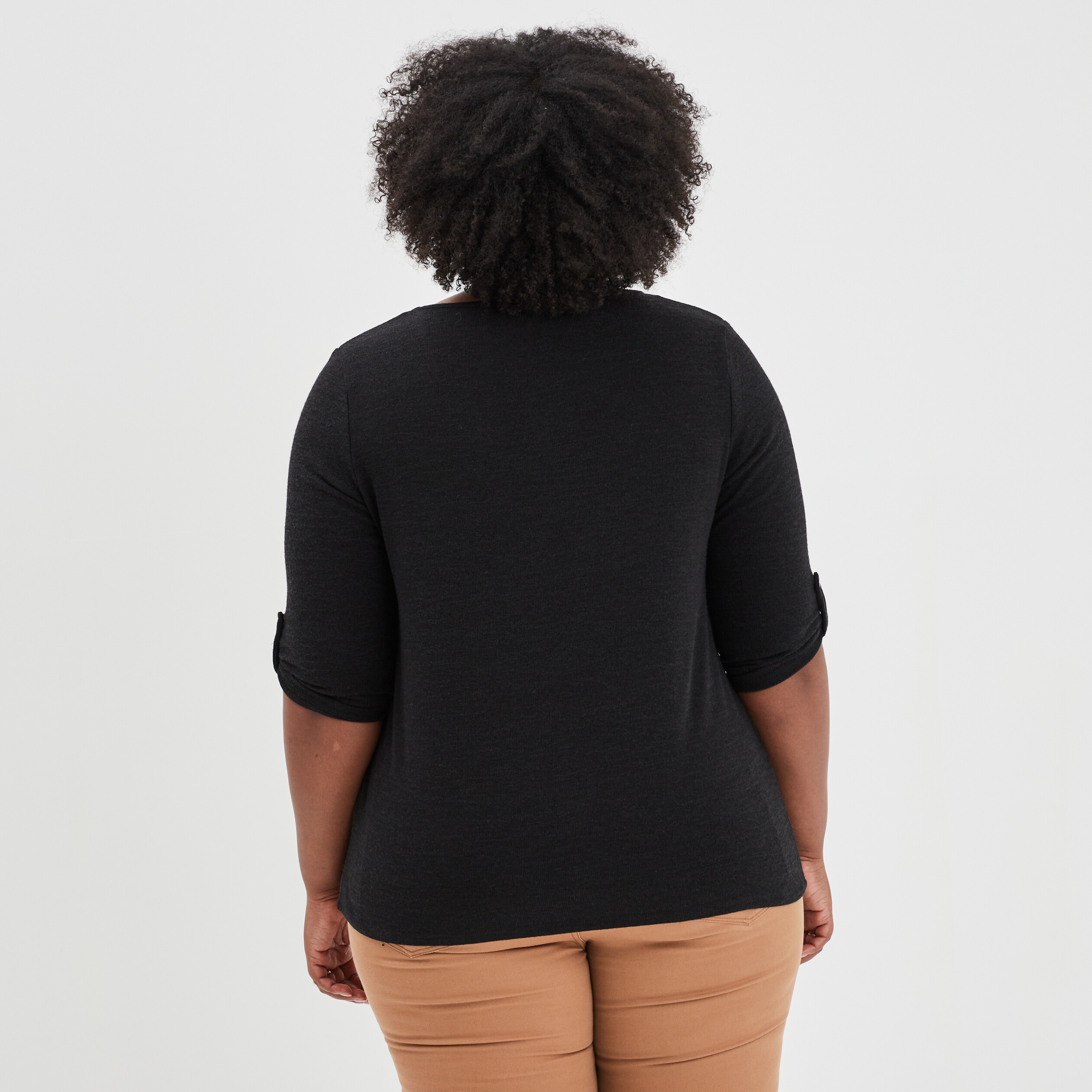 Pull col en V manches 3 4 noir femme grande taille | La Halle