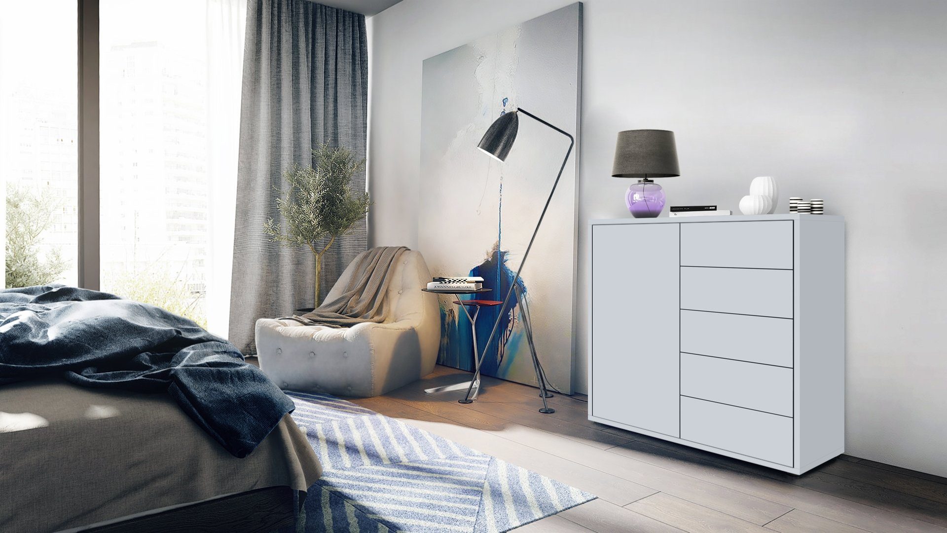 Vladon Kommode Ben (Kommode, mit 1 Tür und 5 Schubladen), Weiß matt/Weiß matt (79 x 74 x 36 cm)