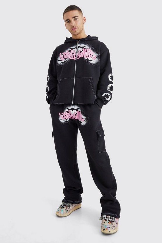 Kastiger Cargo-Trainingsanzug mit Worldwide Graffiti Print
