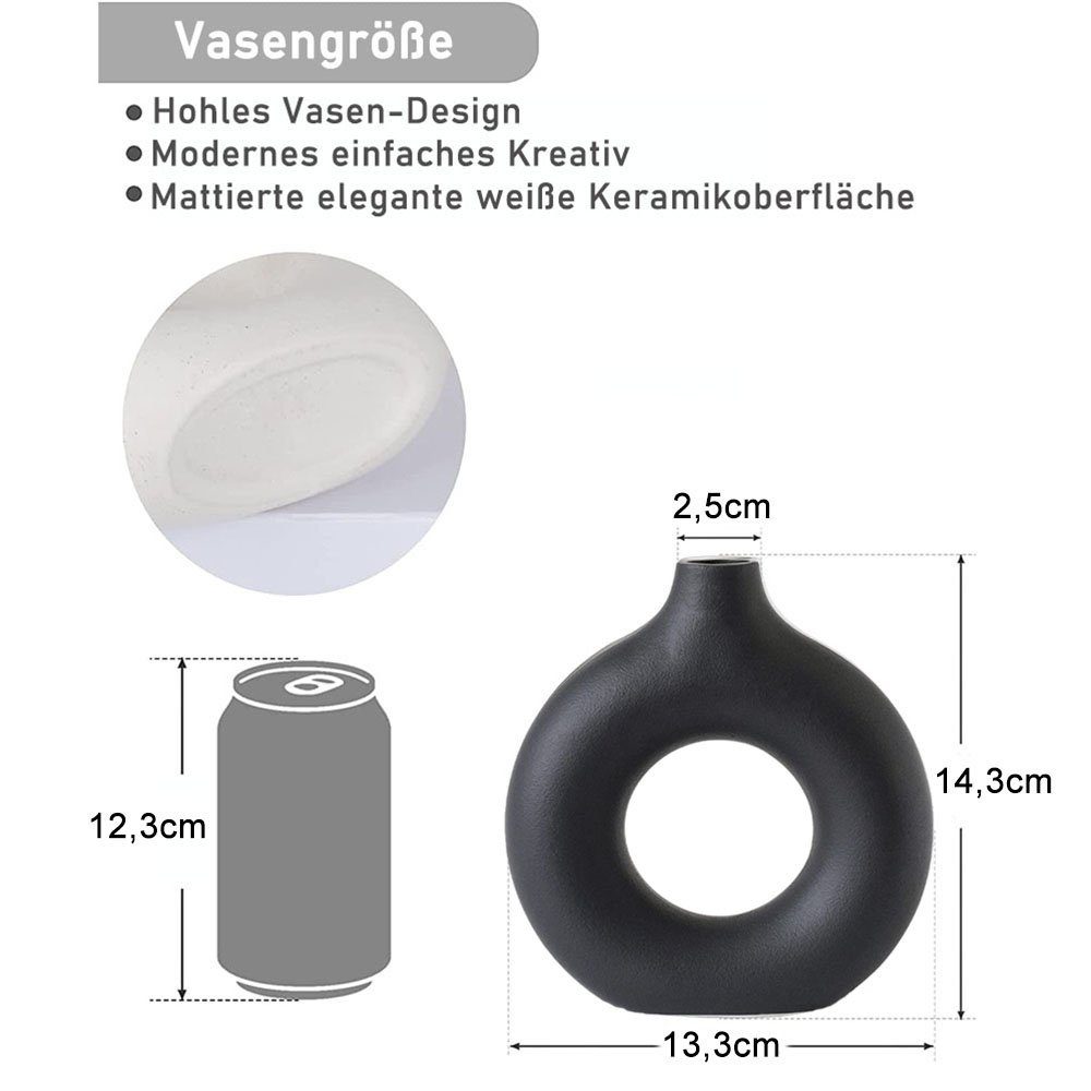 zggzerg Dekovase Keramik Vase für Pampasgras, Schwarze Donut Vase Deko Wohnzimmer Runde