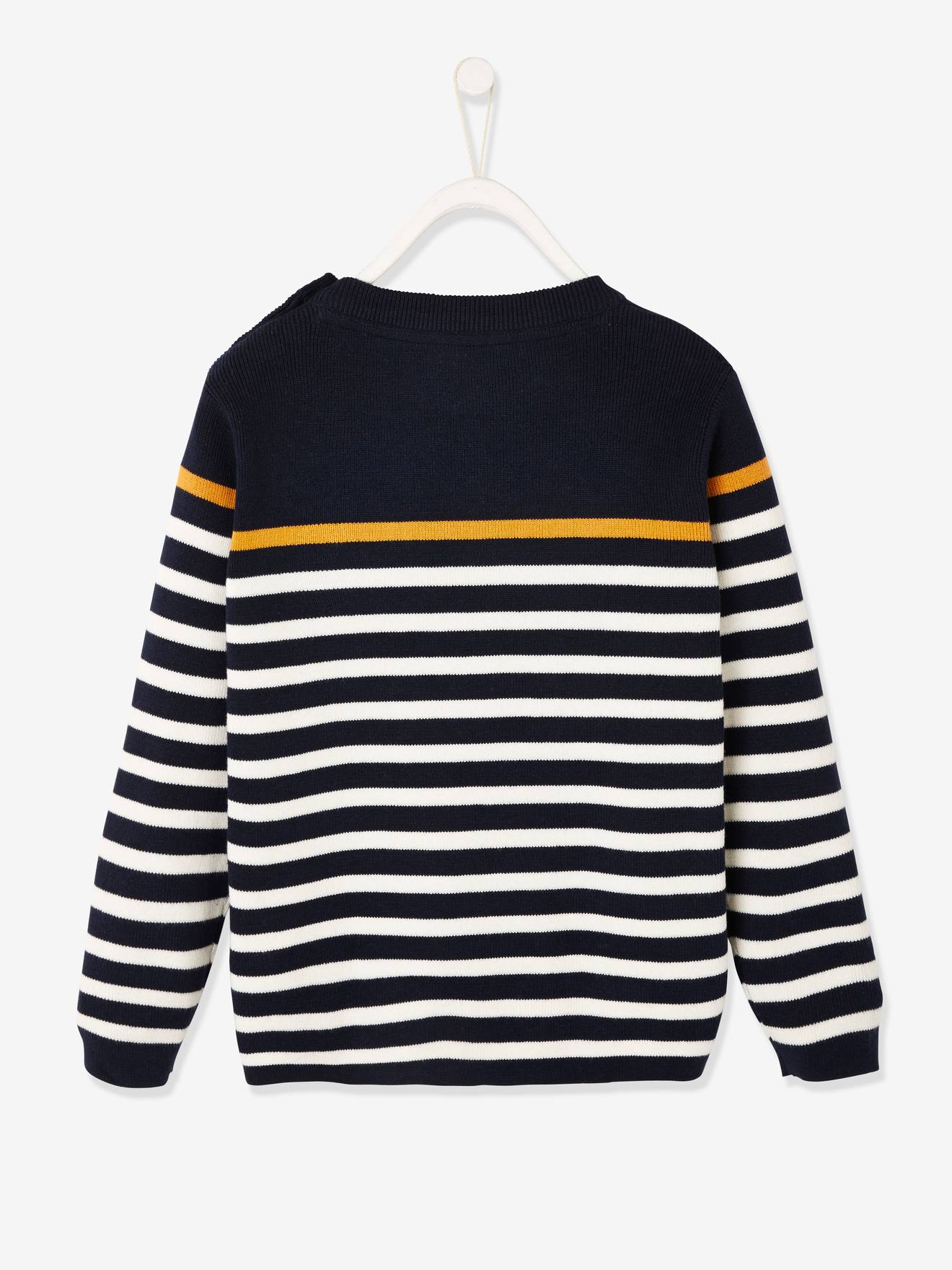 Pull marin garçon ivoire rayé rouge et marine