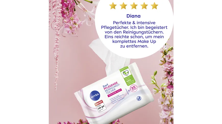 NIVEA 3in1 Pflegende Reinigungstücher Trockene Haut 25 Tücher