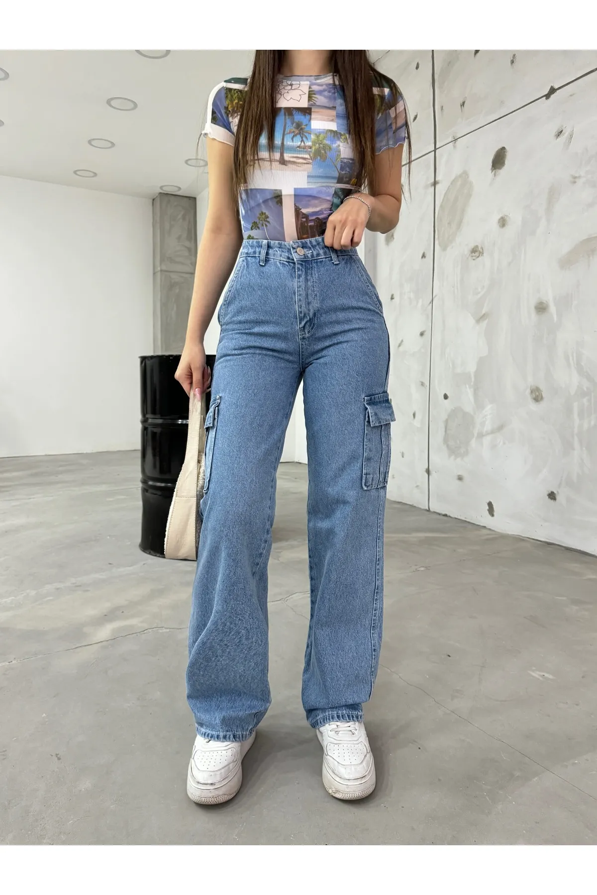 BİKELİFE  Blaue Cargohose mit hoher Taille und weitem Bein für Damen
