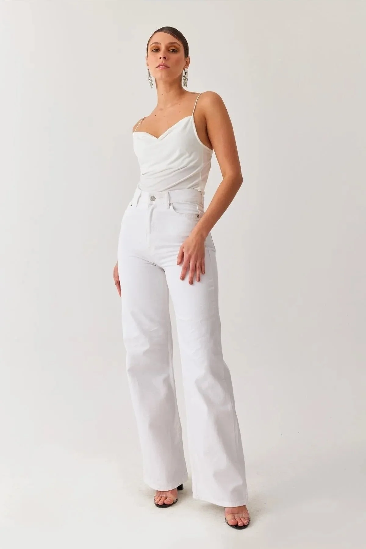 LİMABEL  Weiße Palazzo-Hose mit hoher Taille und weitem Bein, Jeans mit weitem Bein
