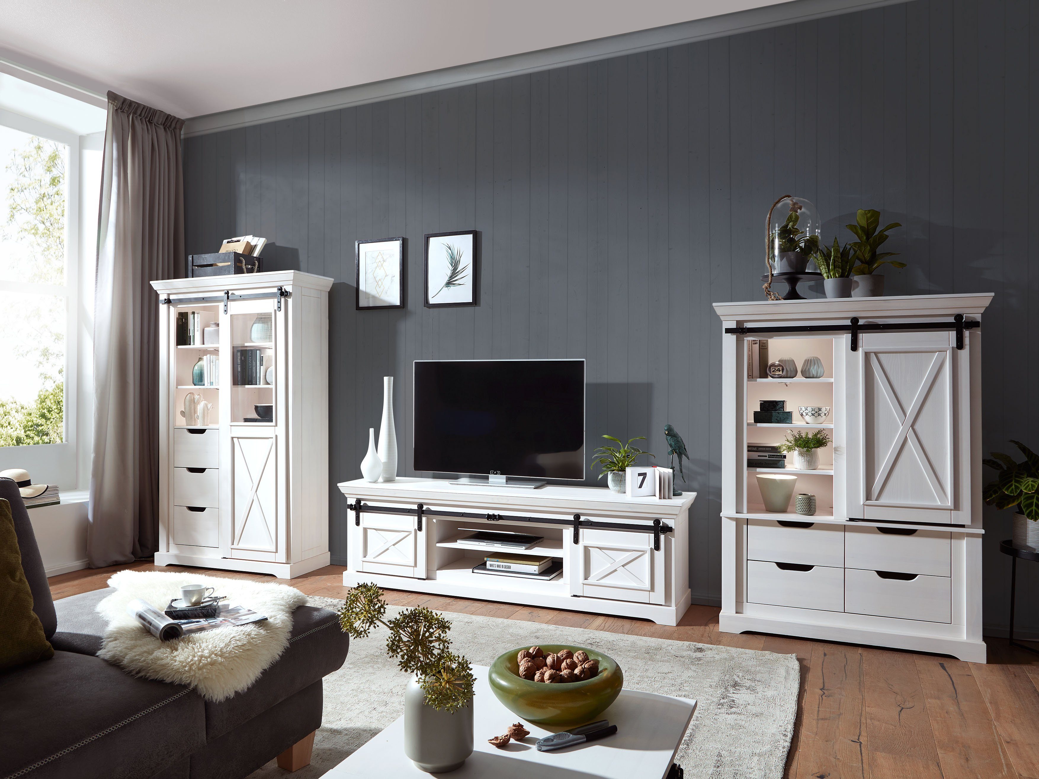 Woodroom Highboard Maribo, Kiefer massiv weiß, BxHxT 109x148x40 cm
