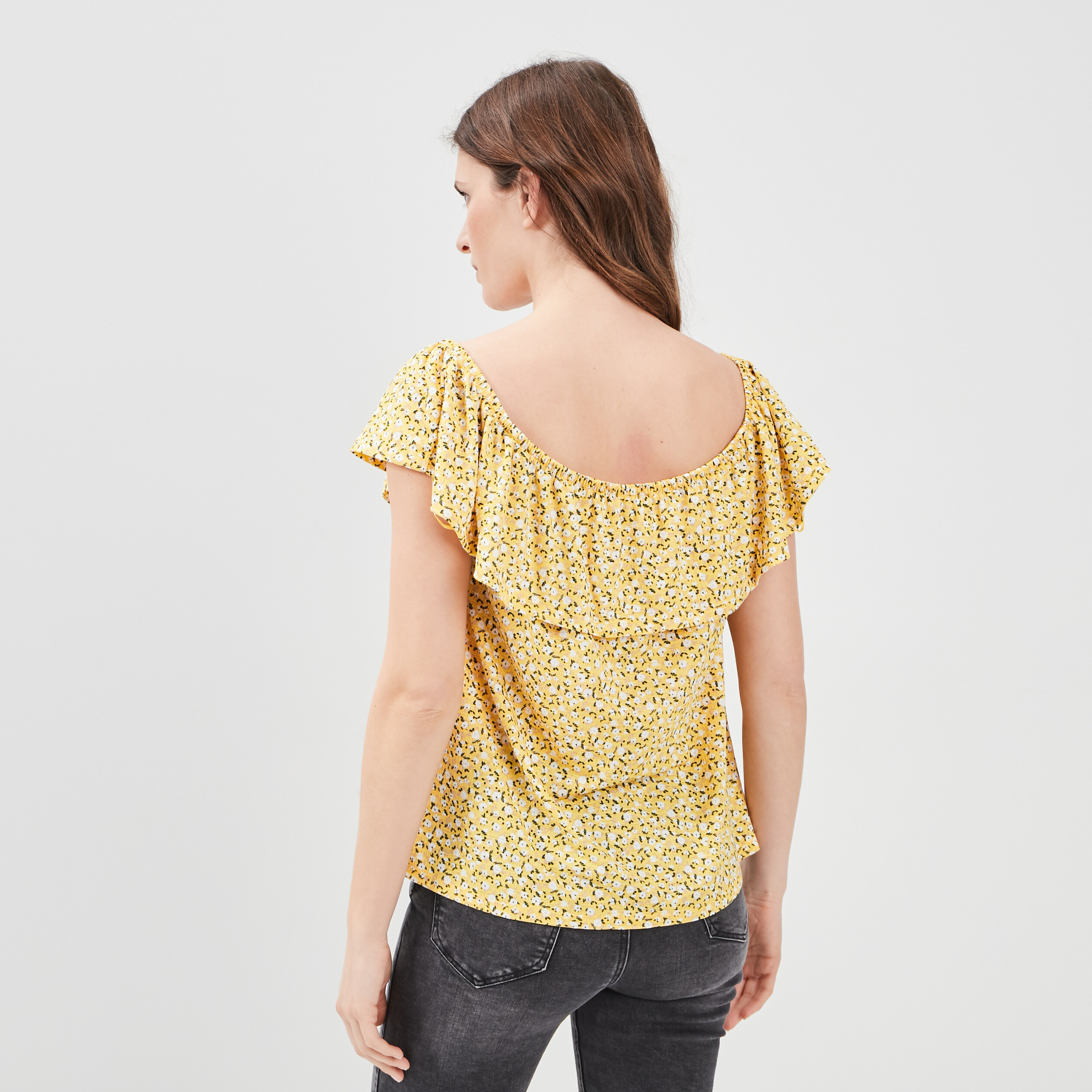 T-shirt col bardot manches courtes jaune citron femme | La Halle