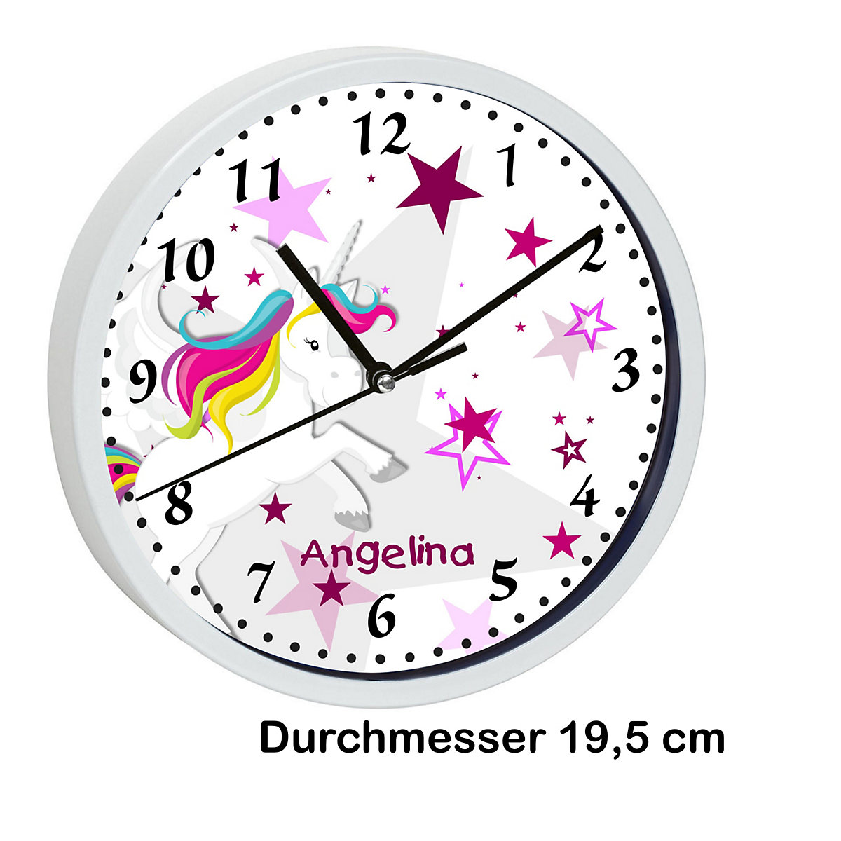 Kinder Wanduhr personalisiert mit Name Pegasus Sterne Rosa
