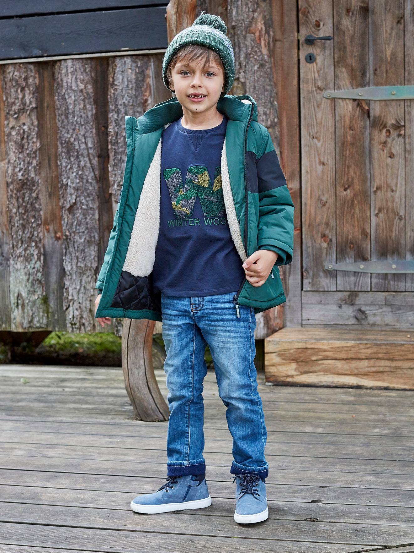 Parka longue à capuche color block garçon. vert