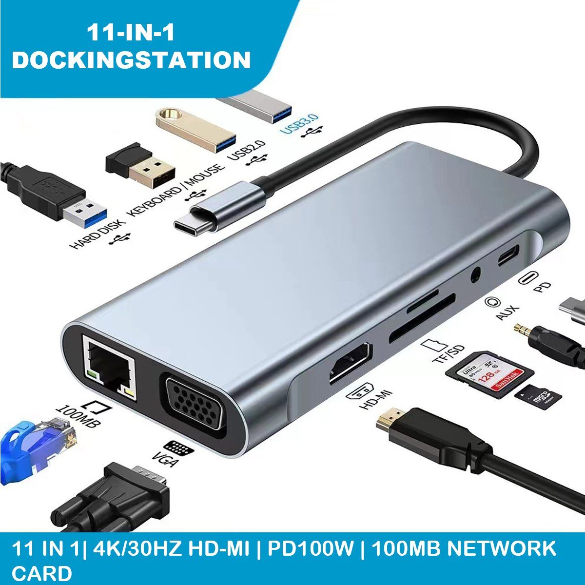 7Magic Laptop-Dockingstation USB C Docking Station Dual Monitor, 11 in 1 USB C Hub Adapter, 100 W Stromversorgung, 4K 30Hz HDMI, 1080P 60Hz VGA, 5Gbps USB 3.0