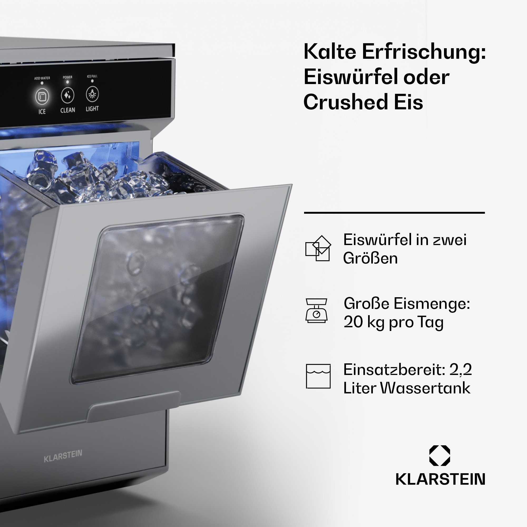 Klarstein Eiswürfelmaschine Ice Galet, Elektrischer Eiswürfelbereiter Eismachinen Wassertank 2,2 L