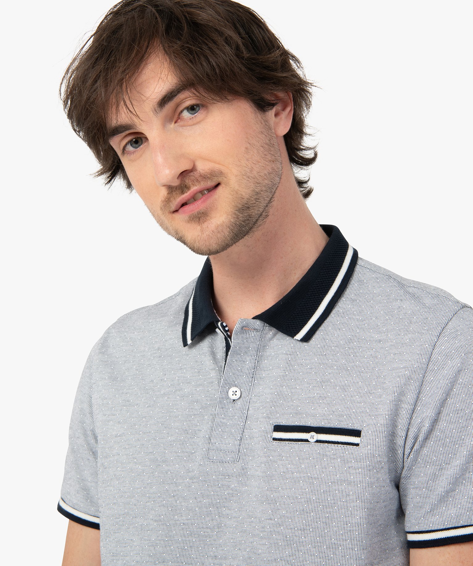 Polo homme à manches courtes à motif pois bleu fonce | GEMO